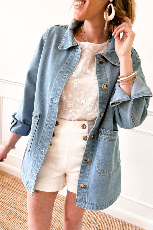 Blue Zone Planet | Dusk Blue Slit Buttons Pocketed Denim Jacket-Outerwear/Denim jackets-[Adult]-[Female]-Dusk Blue-S-2022 Online Blue Zone Planet