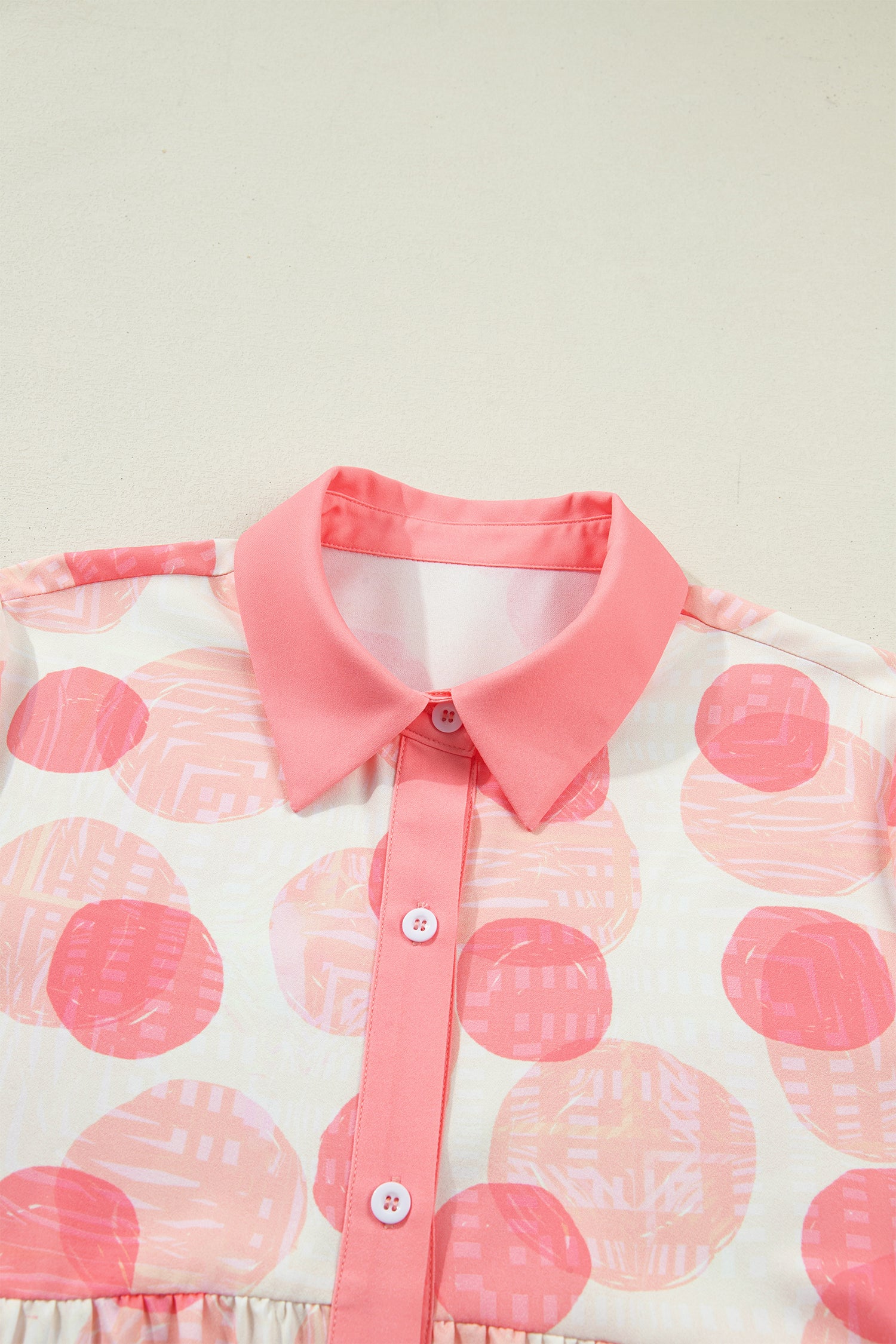 Pink Double Polka Dot Printed Ruffle Trim Short Sleeve Babydoll Shirt-Tops/Blouses & Shirts-[Adult]-[Female]-2022 Online Blue Zone Planet