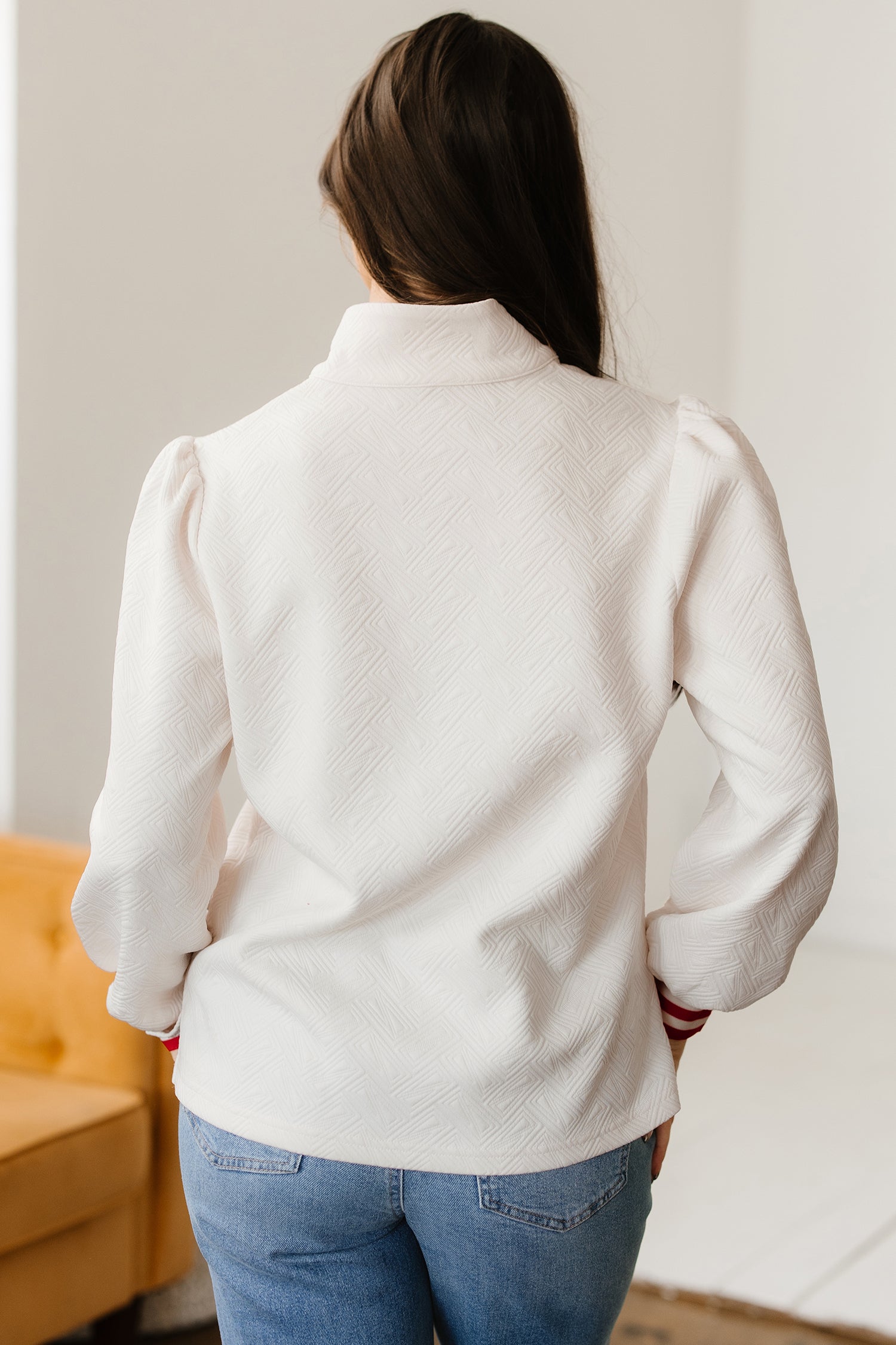 White Textured Knit Contrast Striped Accent Zipped Collar Pullover Top-Tops/Long Sleeve Tops-[Adult]-[Female]-2022 Online Blue Zone Planet