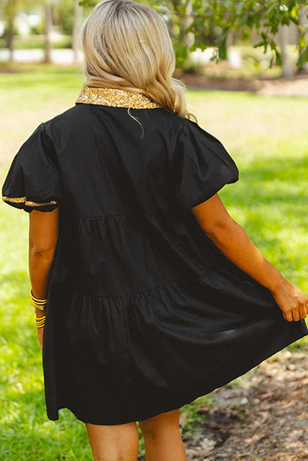 Black Glistening Easter Egg Sequin Trim Half Button Puff Sleeve Dress-Graphic/Graphic Dresses-[Adult]-[Female]-2022 Online Blue Zone Planet