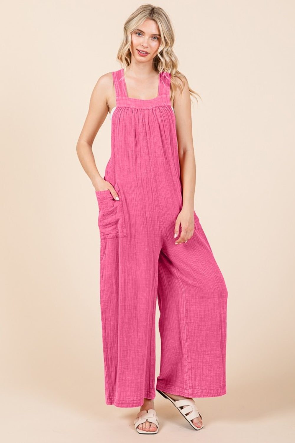 Culture Code Full Size Pocketed Sleeveless Wide Leg Overalls-TOPS / DRESSES-[Adult]-[Female]-Pink Girl-S-2022 Online Blue Zone Planet