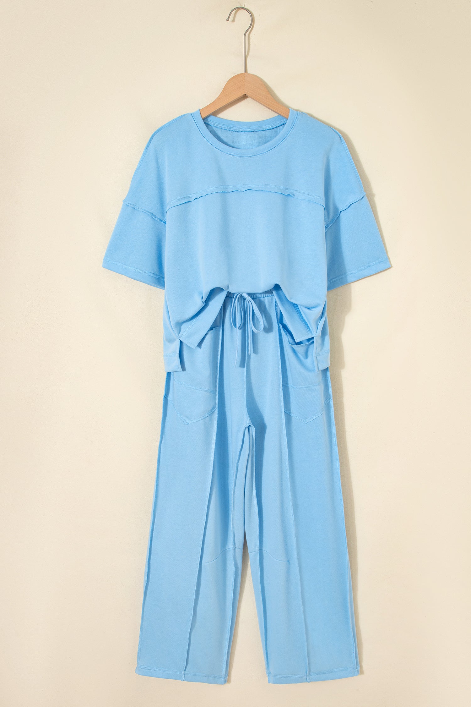 Sky Blue Drop Shoulder Boxy Tee and Barrel Pants Set-Two Piece Sets/Pant Sets-[Adult]-[Female]-2022 Online Blue Zone Planet