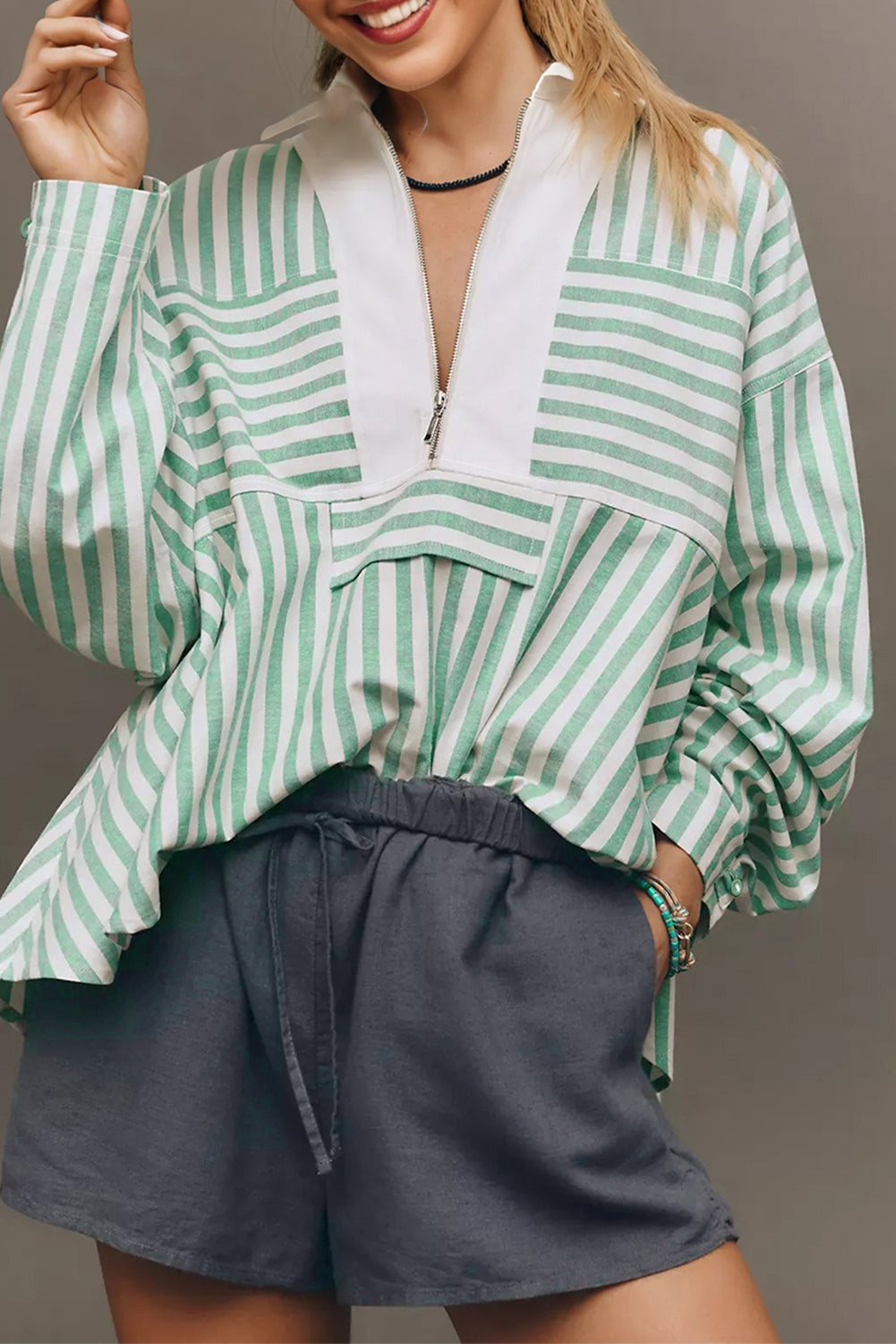 Green Stripe Half Zip Long Sleeve Swing Top-Tops/Blouses & Shirts-[Adult]-[Female]-Green Stripe-S-2022 Online Blue Zone Planet