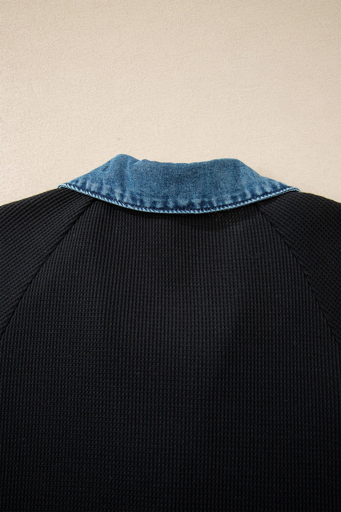 Black Waffle Knit Denim Contrast Trim Patchwork Button Polo Tee Dress-TOPS / DRESSES-[Adult]-[Female]-2022 Online Blue Zone Planet