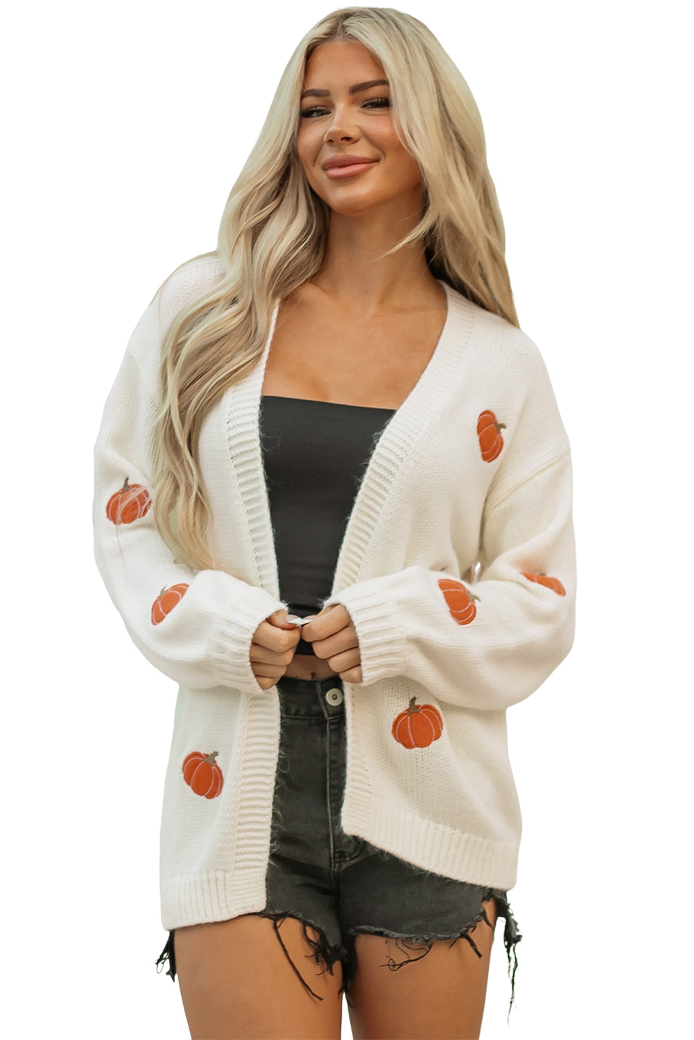 White Pumpkin Print Open Front Drop Shoulder Midi Cardigan-Sweaters & Cardigans/Cardigans-[Adult]-[Female]-2022 Online Blue Zone Planet