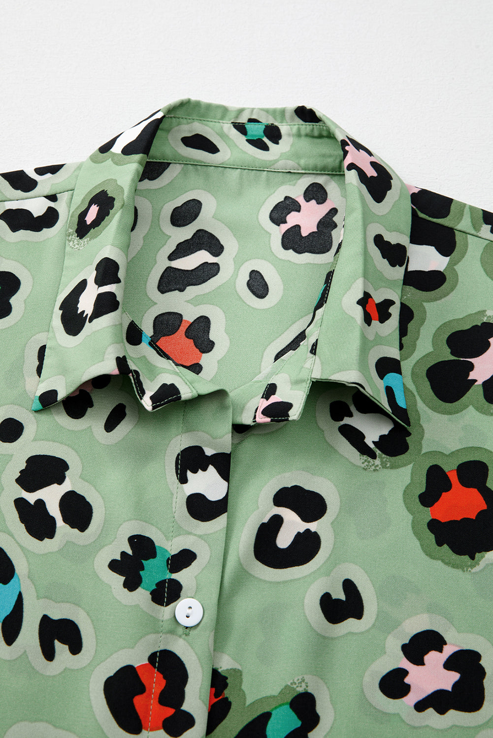 Green Leopard Print Short Sleeve Shirt and Wide Leg Pants Set-Two Piece Sets/Pant Sets-[Adult]-[Female]-2022 Online Blue Zone Planet