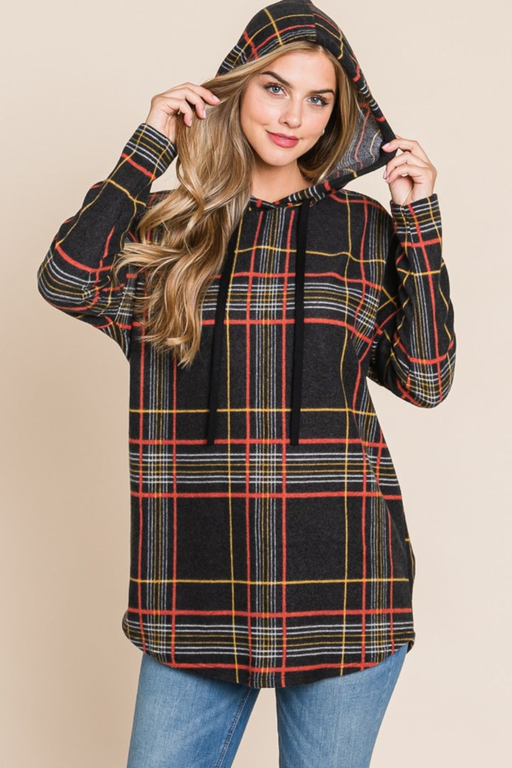 BOMBOM Drawstring Plaid Long Sleeve Hoodie-TOPS / DRESSES-[Adult]-[Female]-Black-S-2022 Online Blue Zone Planet