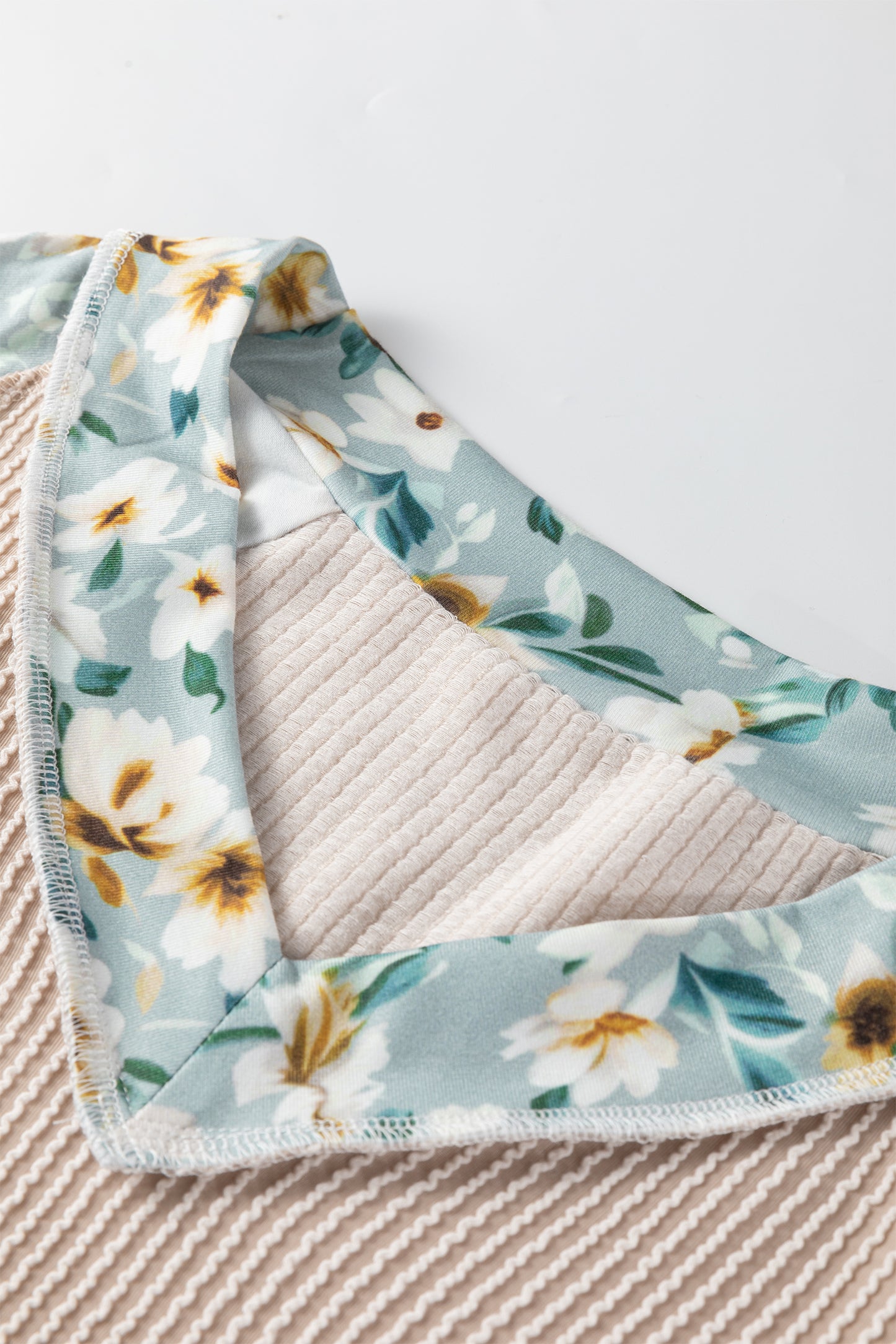 Parchment Twist Ribbed Floral Contrast Patchwork Long Sleeve Top-Tops/Long Sleeve Tops-[Adult]-[Female]-2022 Online Blue Zone Planet