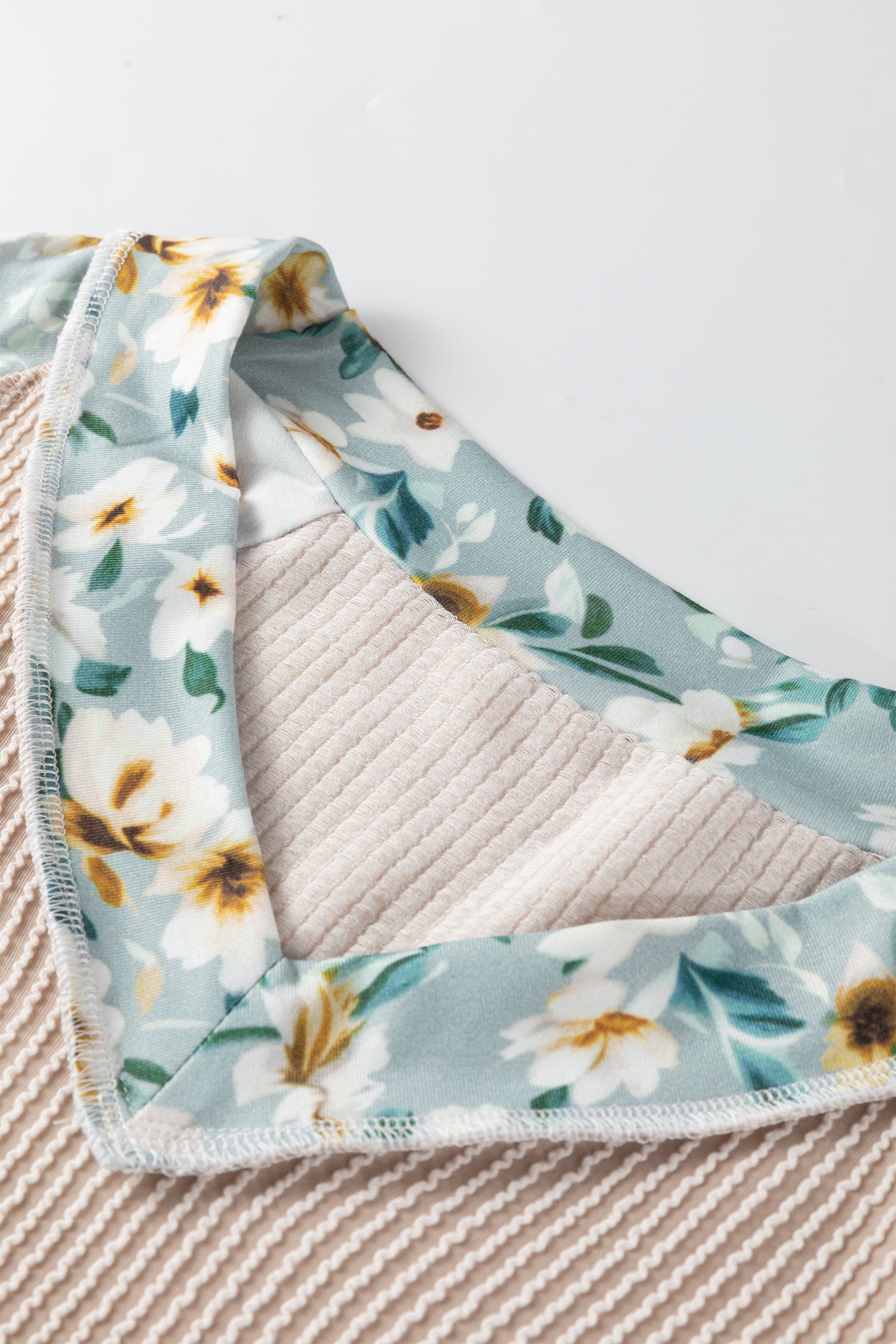 Parchment Twist Ribbed Floral Contrast Patchwork Long Sleeve Top-Tops/Long Sleeve Tops-[Adult]-[Female]-2022 Online Blue Zone Planet