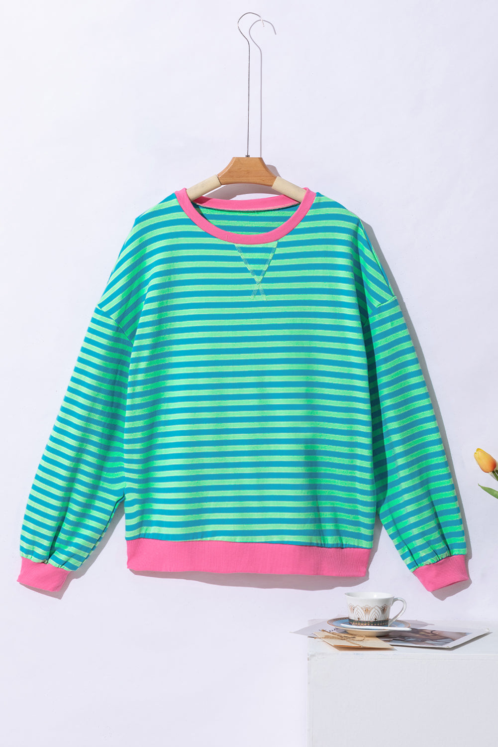 Sky Blue Stripe Oversized Contrast Trim Pullover Sweatshirt-Tops/Sweatshirts & Hoodies-[Adult]-[Female]-2022 Online Blue Zone Planet