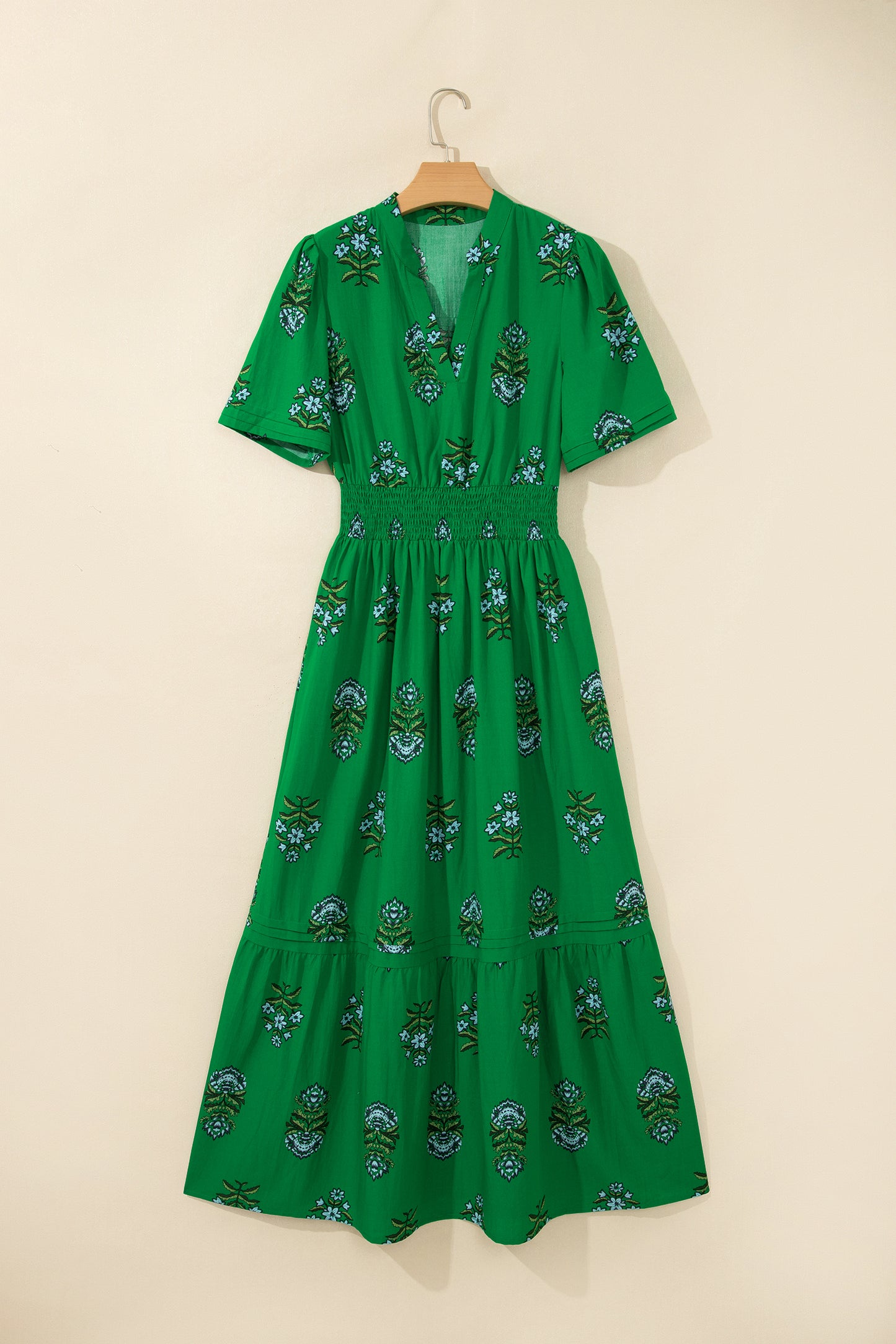 Green Floral Print Split Neck Shirred High Waist Ruffle Hem Maxi Dress-TOPS / DRESSES-[Adult]-[Female]-2022 Online Blue Zone Planet