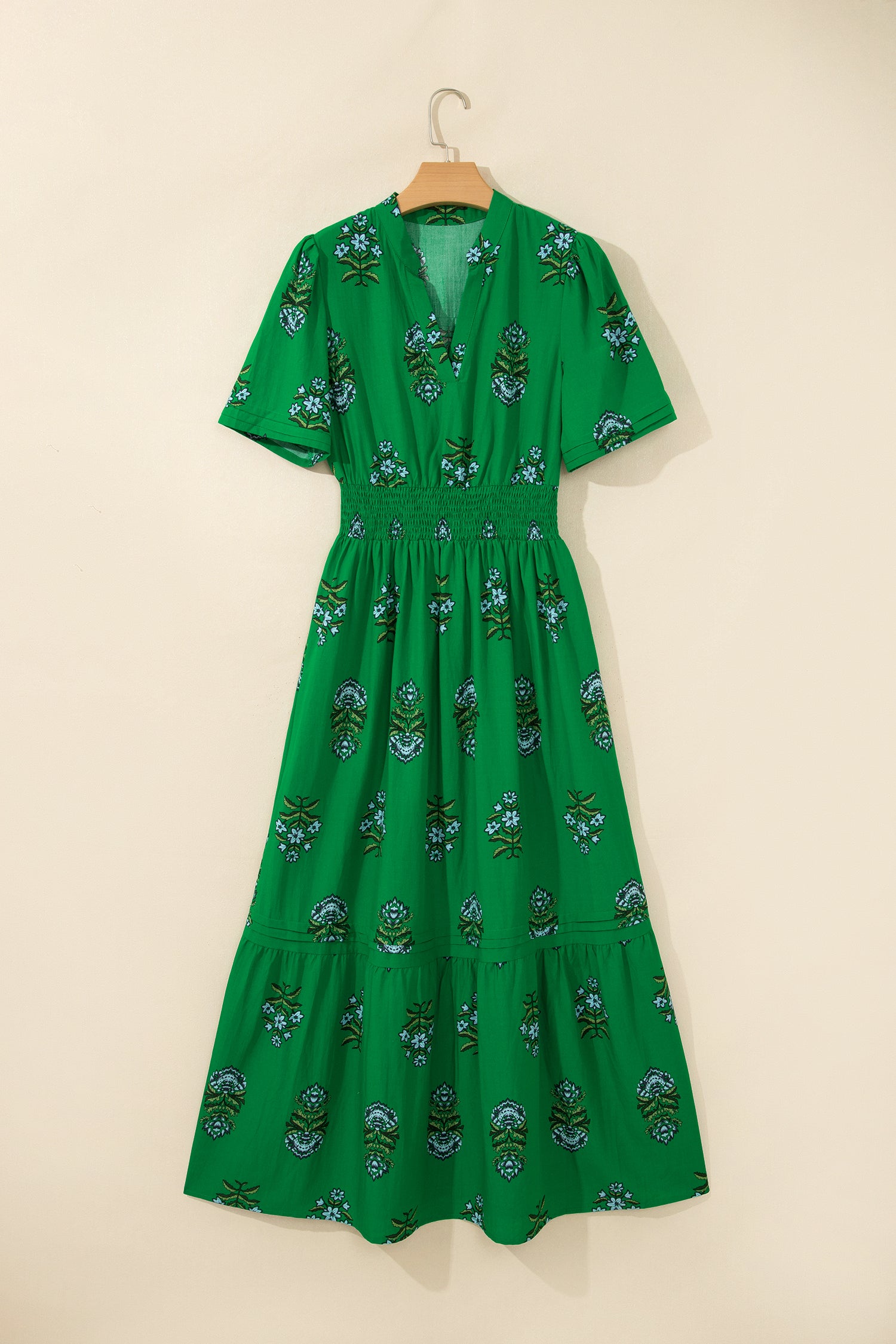 Green Floral Print Split Neck Shirred High Waist Ruffle Hem Maxi Dress-TOPS / DRESSES-[Adult]-[Female]-2022 Online Blue Zone Planet