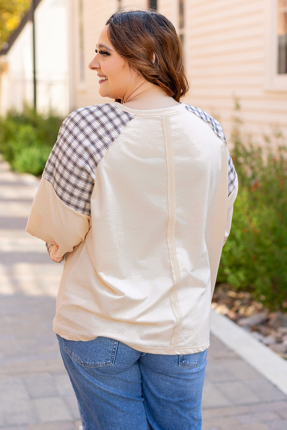 Beige Plaid Floral Peace Heart Graphic Wide Long Sleeve Top-Tops/Long Sleeve Tops-[Adult]-[Female]-2022 Online Blue Zone Planet