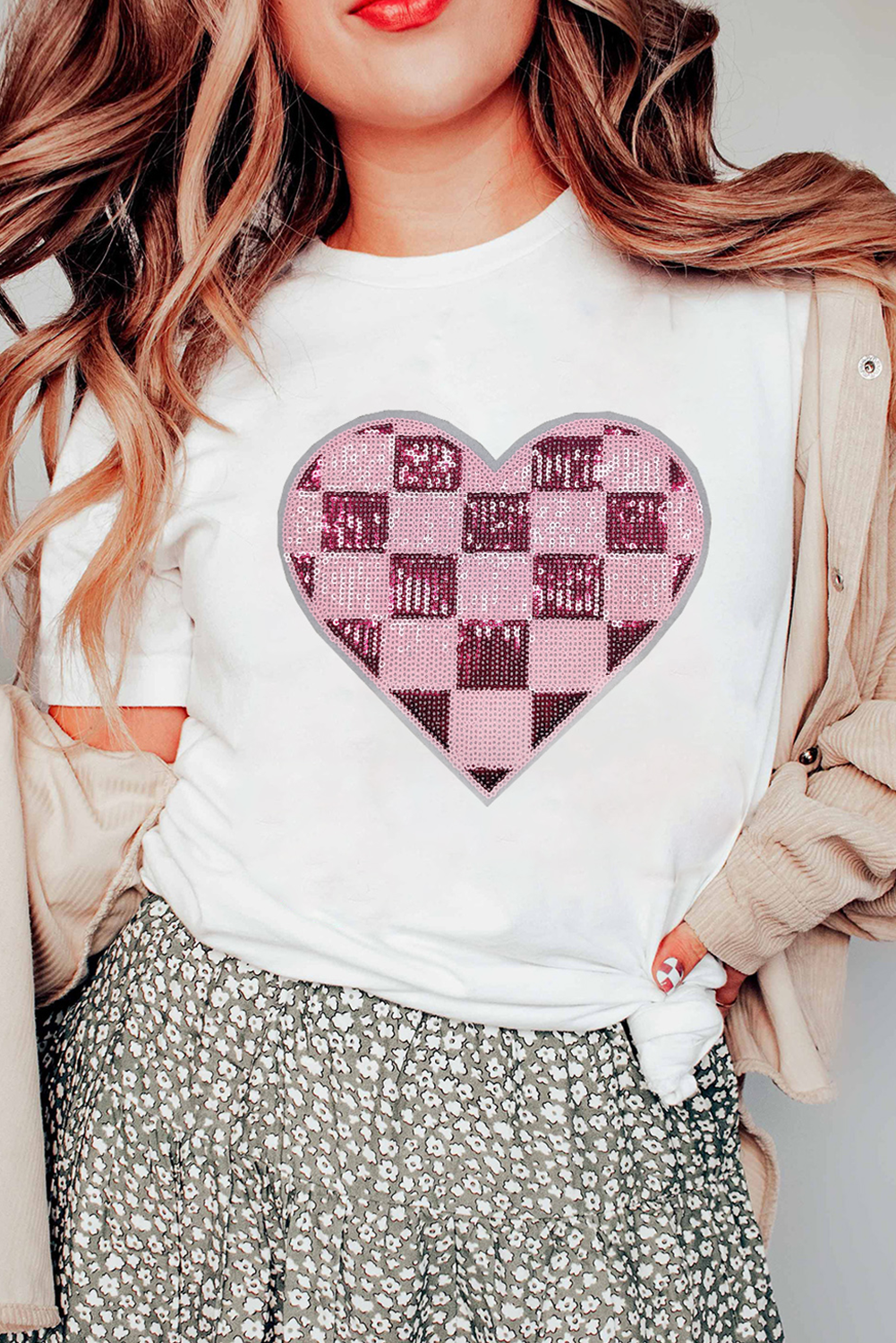 White Checkered Heart Patched Valentines Graphic Tee-Graphic Tees-[Adult]-[Female]-2022 Online Blue Zone Planet