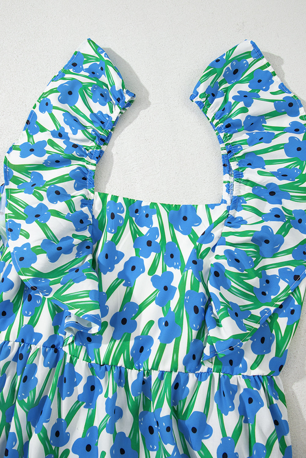 Blue Floral Print Square Neck Ruffled Strap Maxi Dress-TOPS / DRESSES-[Adult]-[Female]-2022 Online Blue Zone Planet