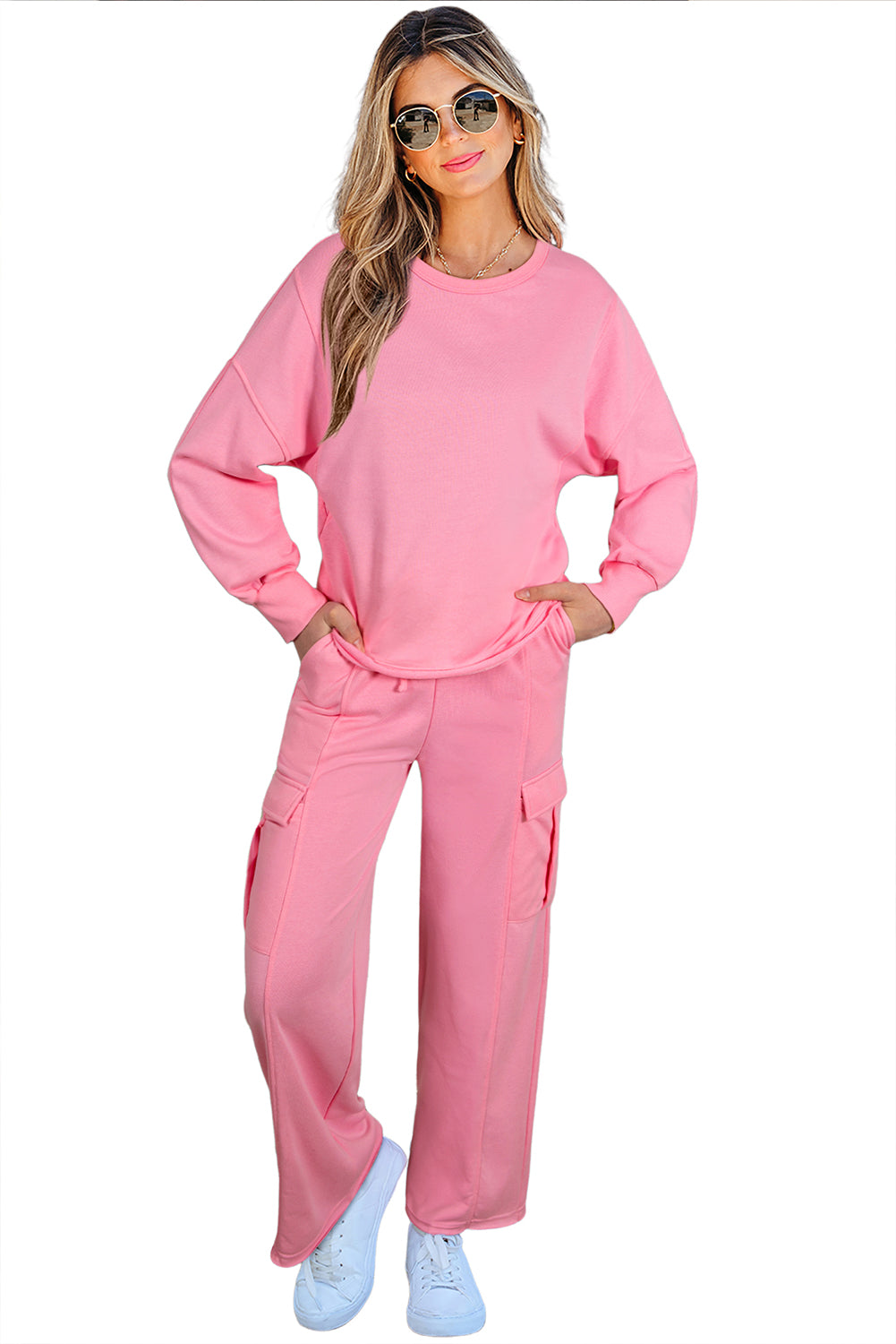 Sachet Pink Solid Color Patchwork Pullover Top And Cargo Pants Set-Two Piece Sets/Pant Sets-[Adult]-[Female]-2022 Online Blue Zone Planet