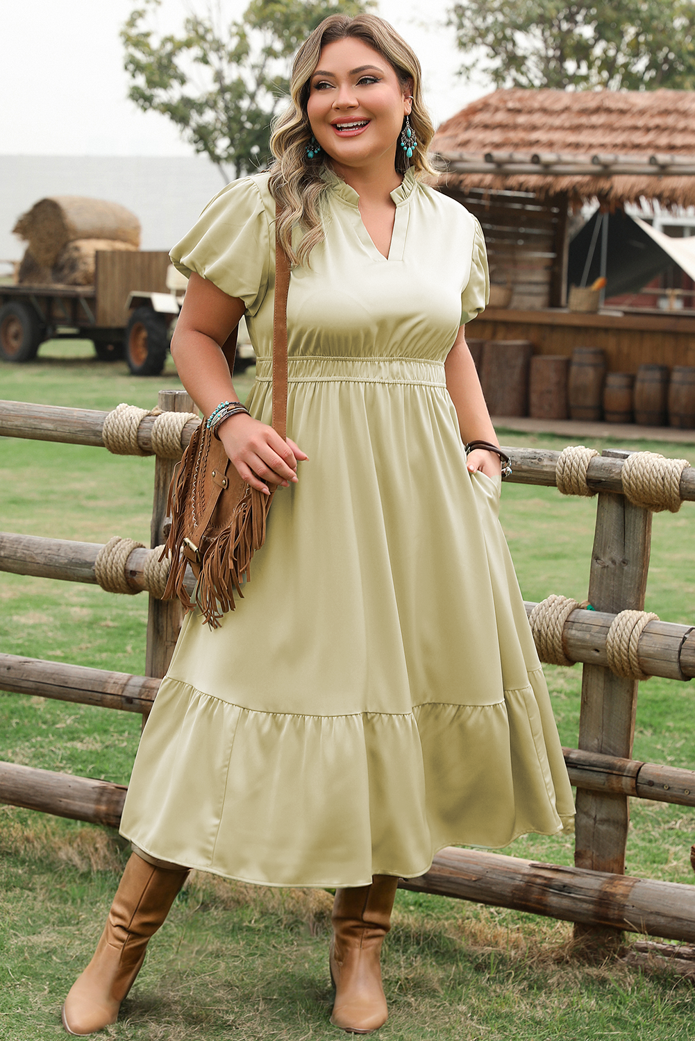 Laurel Green Notched V Neck Puff Sleeve Tiered Plus Size Maxi Dress-TOPS / DRESSES-[Adult]-[Female]-2022 Online Blue Zone Planet