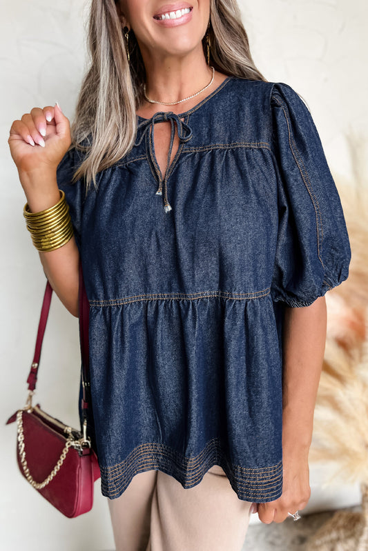 Sail Blue Puff Sleeve Lace-up Neckline Splicing Denim Blouse-Tops/Blouses & Shirts-[Adult]-[Female]-Sail Blue-S-2022 Online Blue Zone Planet