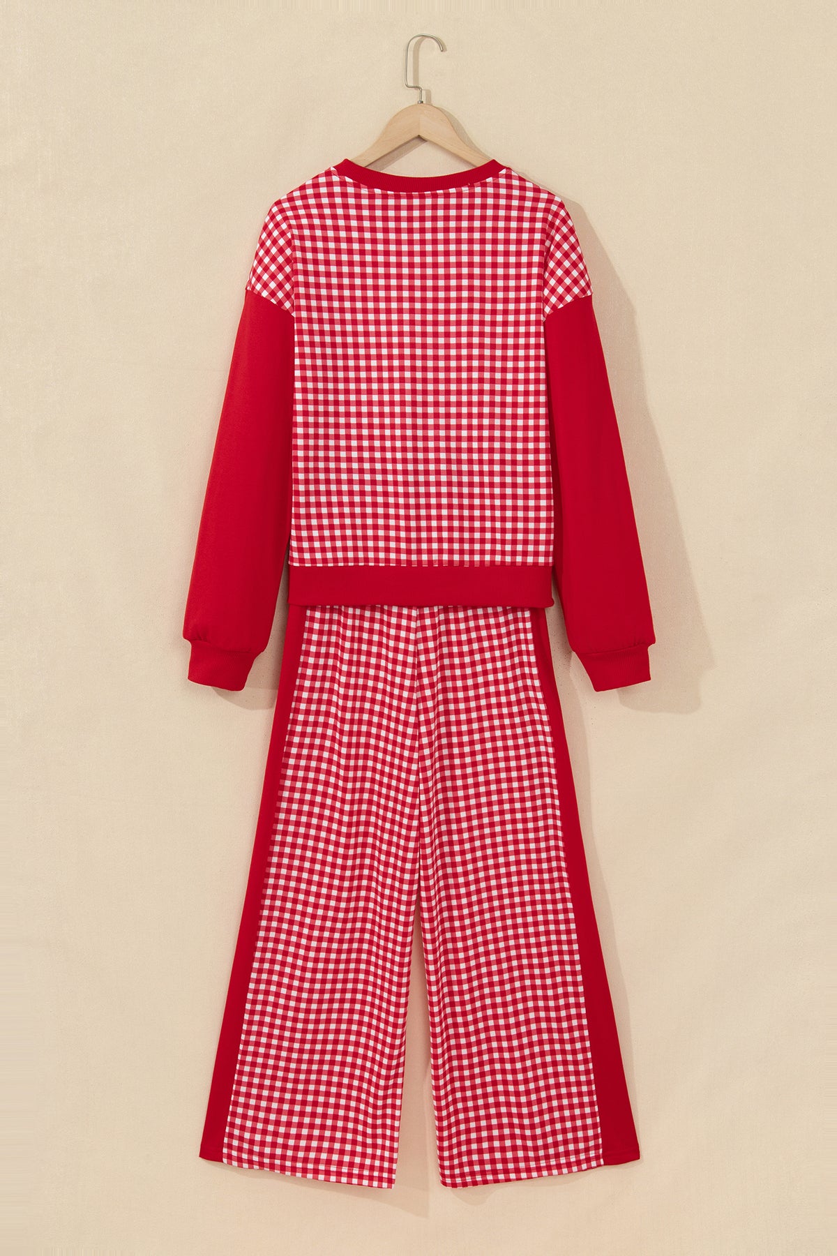 Khaki Color Block Plaid Patchwork Long Sleeve Pullover Wide Leg Pant Set-Two Piece Sets/Pant Sets-[Adult]-[Female]-2022 Online Blue Zone Planet