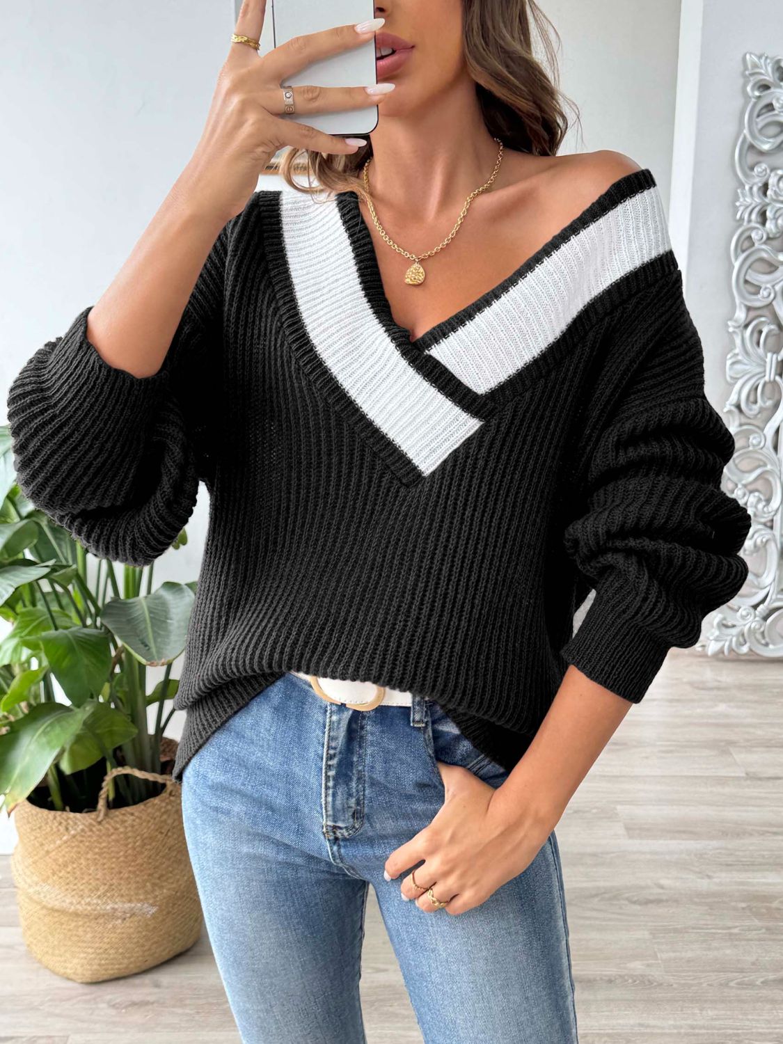 Contrast Dropped Shoulder Long Sleeve Sweater-TOPS / DRESSES-[Adult]-[Female]-2022 Online Blue Zone Planet