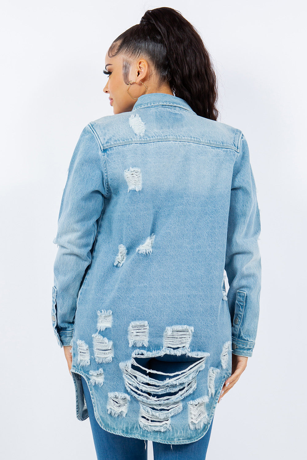 American Bazi Distressed Button Up Long Sleeve Denim Jacket-TOPS / DRESSES-[Adult]-[Female]-2022 Online Blue Zone Planet