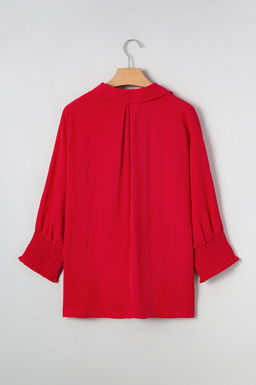 Fiery Red V Neck Collared Shirred 3/4 Sleeve Oversized Tunic Top-Tops/Blouses & Shirts-[Adult]-[Female]-2022 Online Blue Zone Planet