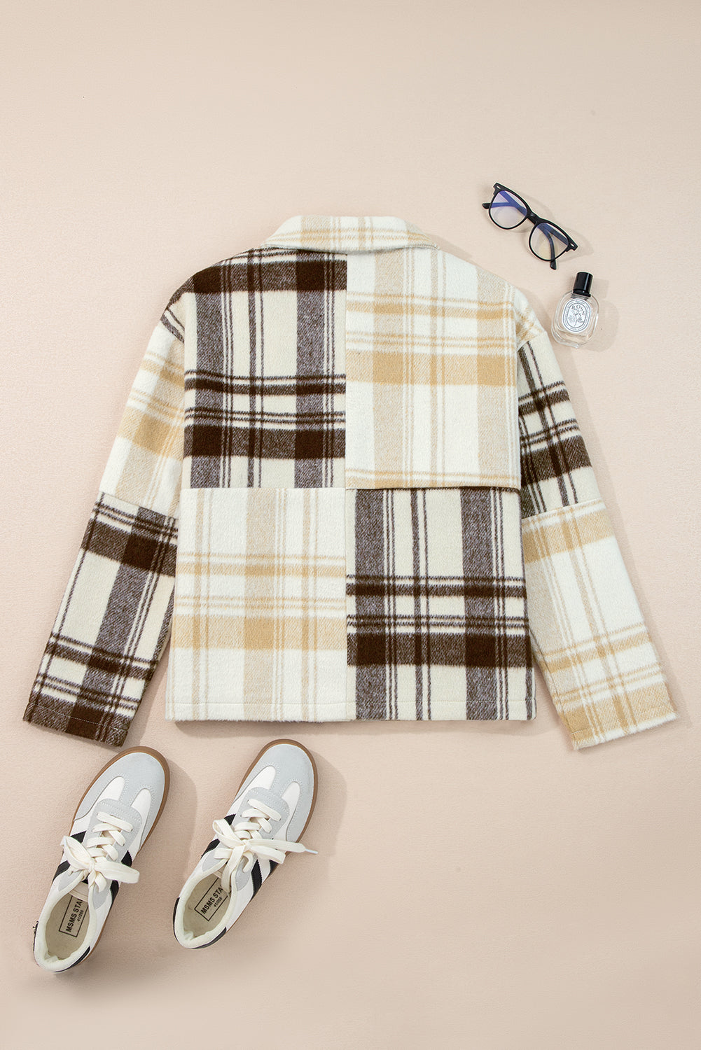 Multicolour Plaid Patchwork Side Pockets Buttoned Shacket-Outerwear/Plaid Shackets-[Adult]-[Female]-2022 Online Blue Zone Planet
