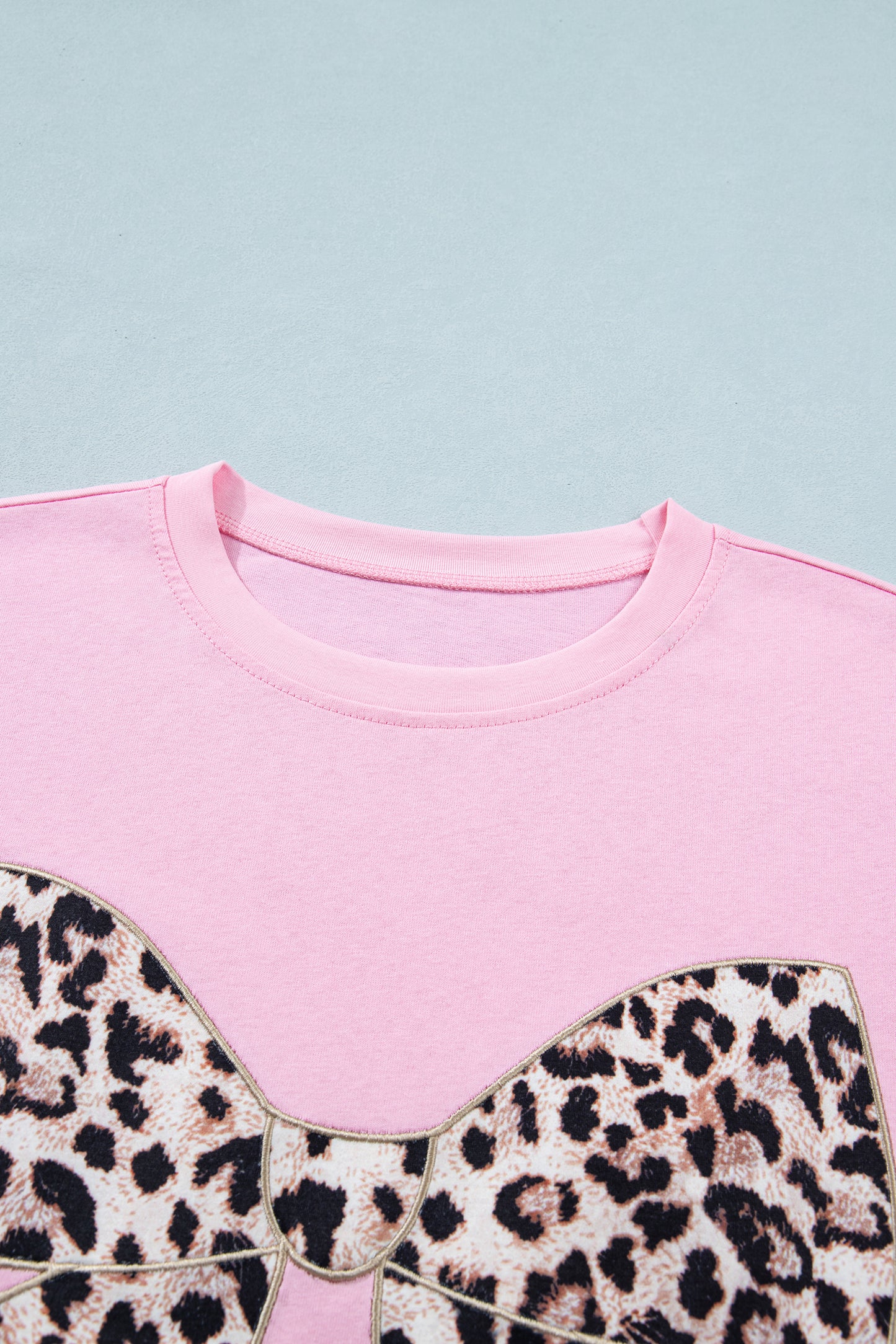 Pink Leopard Bow Embroidered Cotton Round Neck T Shirt-Tops/Tops & Tees-[Adult]-[Female]-2022 Online Blue Zone Planet