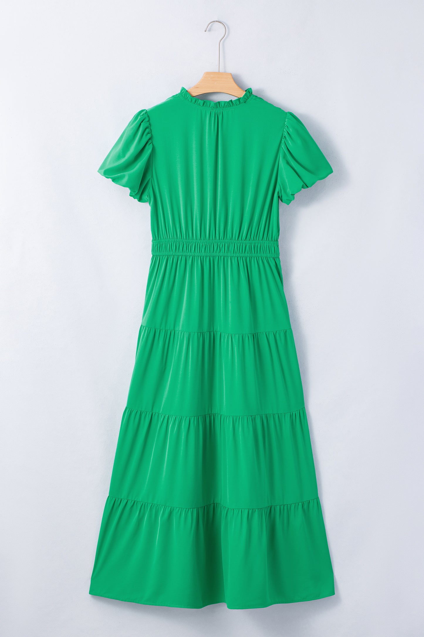 Bright Green Solid Color V Neck Short Puff Sleeve High Waist Tiered Maxi Dress-TOPS / DRESSES-[Adult]-[Female]-2022 Online Blue Zone Planet