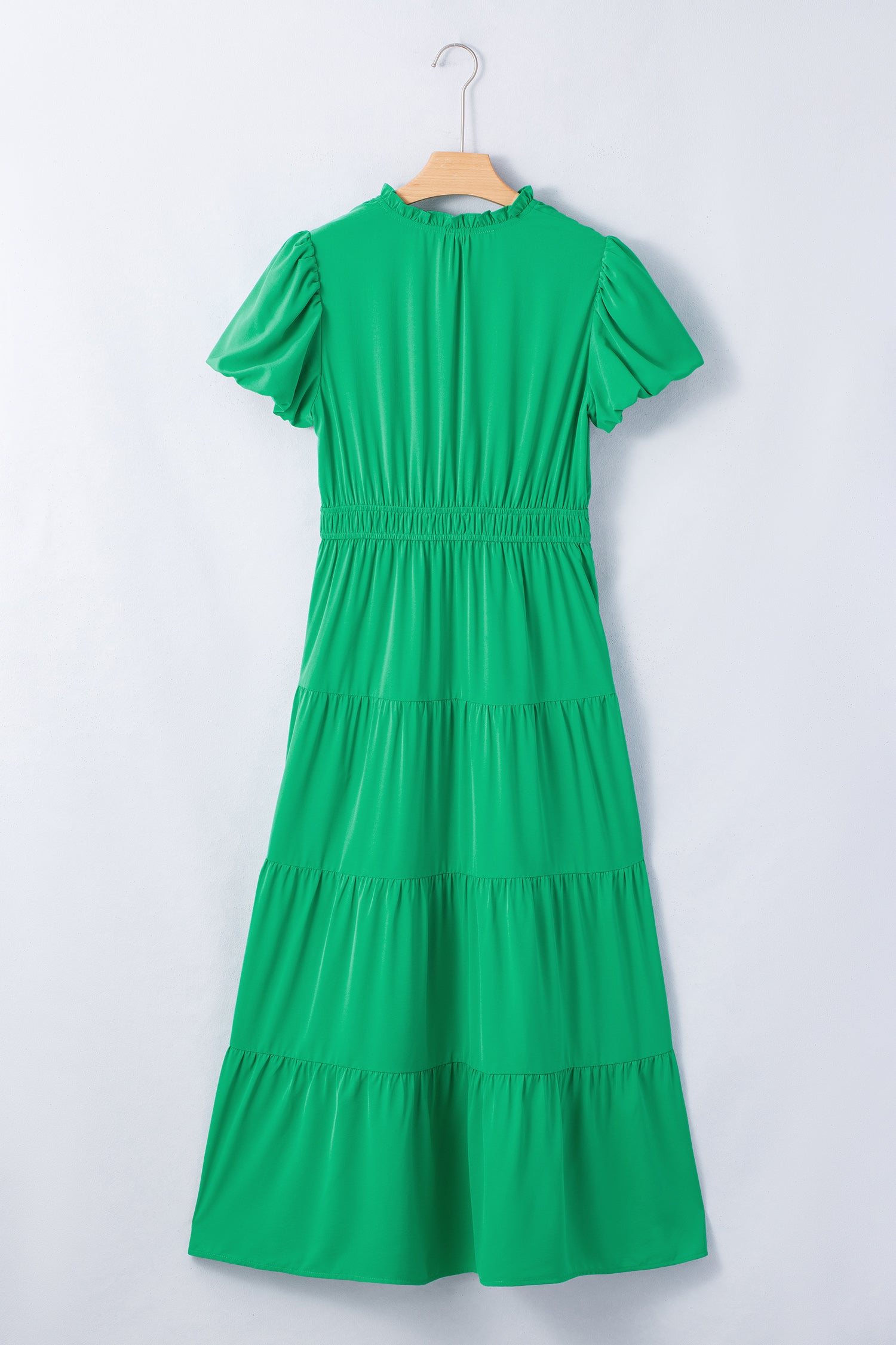 Bright Green Solid Color V Neck Short Puff Sleeve High Waist Tiered Maxi Dress-TOPS / DRESSES-[Adult]-[Female]-2022 Online Blue Zone Planet