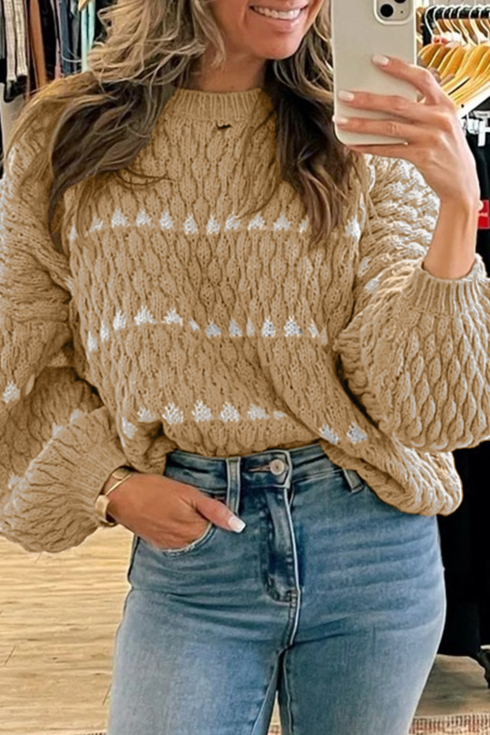 Pale Khaki Contrast Detail Textured Knit Puff Sleeve Baggy Sweater-Sweaters & Cardigans/Sweaters-[Adult]-[Female]-Pale Khaki-S-2022 Online Blue Zone Planet