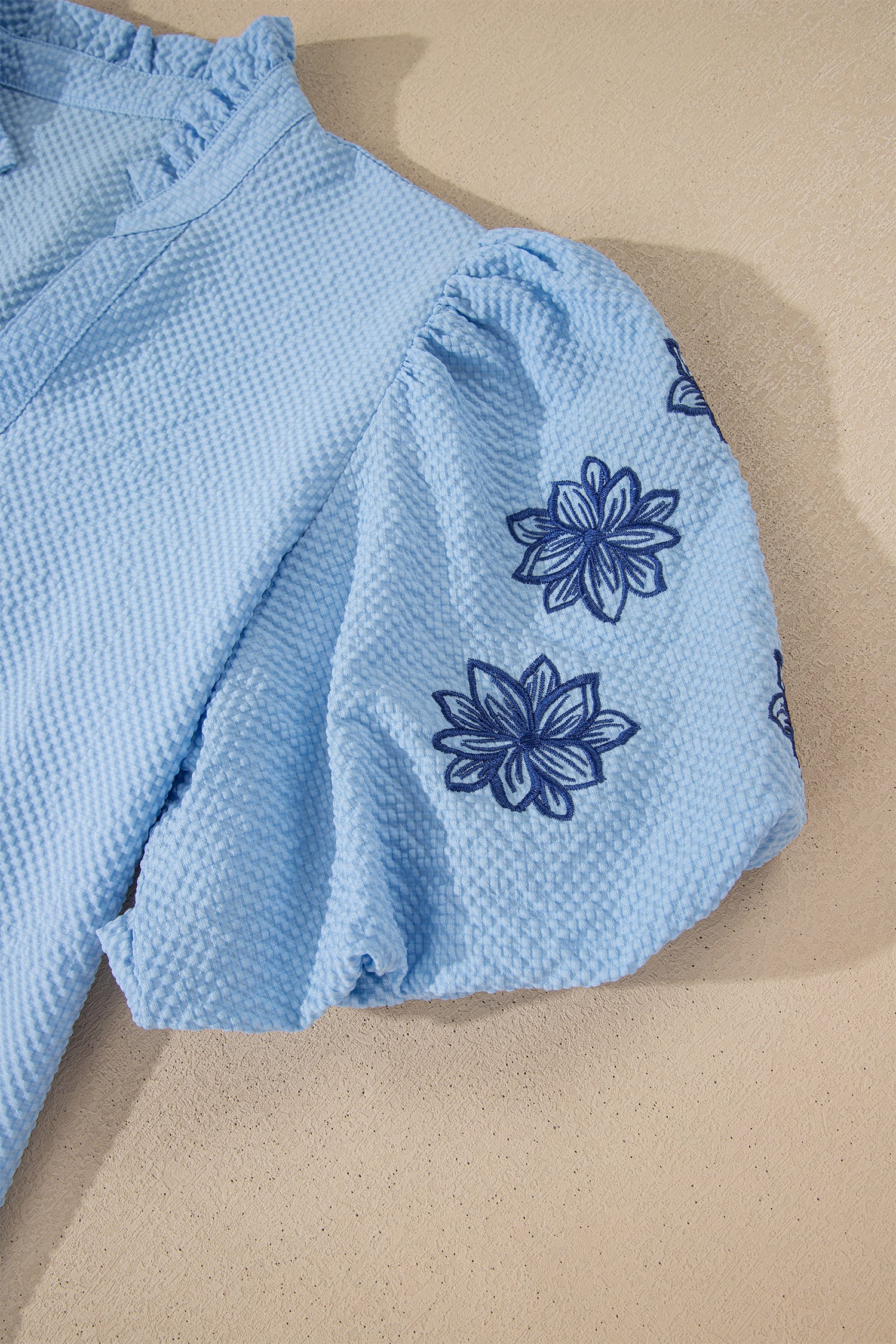 Beau Blue Flower Embroidered Puff Sleeve Split Neck Textured Blouse-Tops/Blouses & Shirts-[Adult]-[Female]-2022 Online Blue Zone Planet