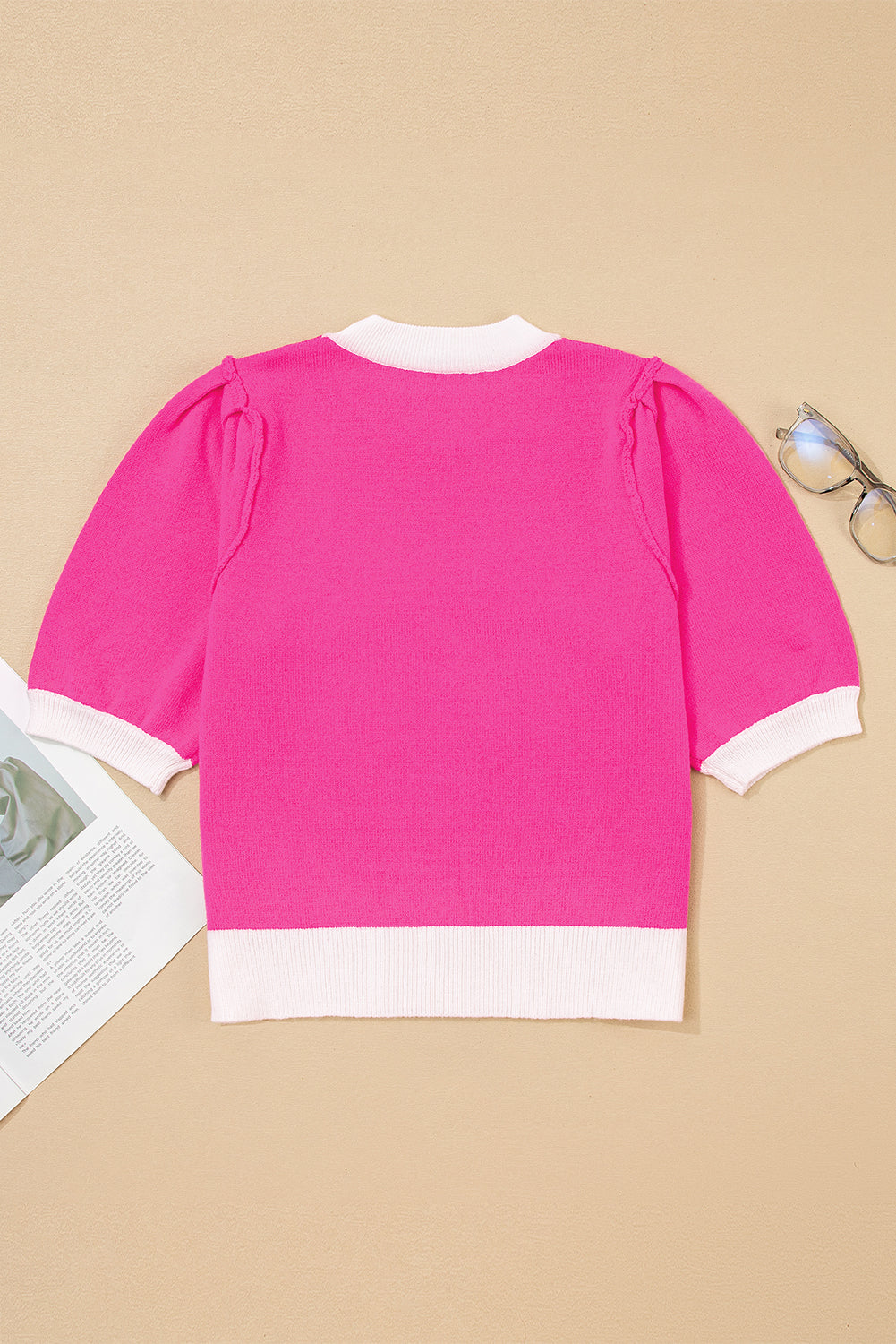 Bright Pink XOXO Embroidered Graphic Valentines Contrast Trim Crew Neck Short Puff Sleeve Sweater Tee-TOPS / DRESSES-[Adult]-[Female]-2022 Online Blue Zone Planet