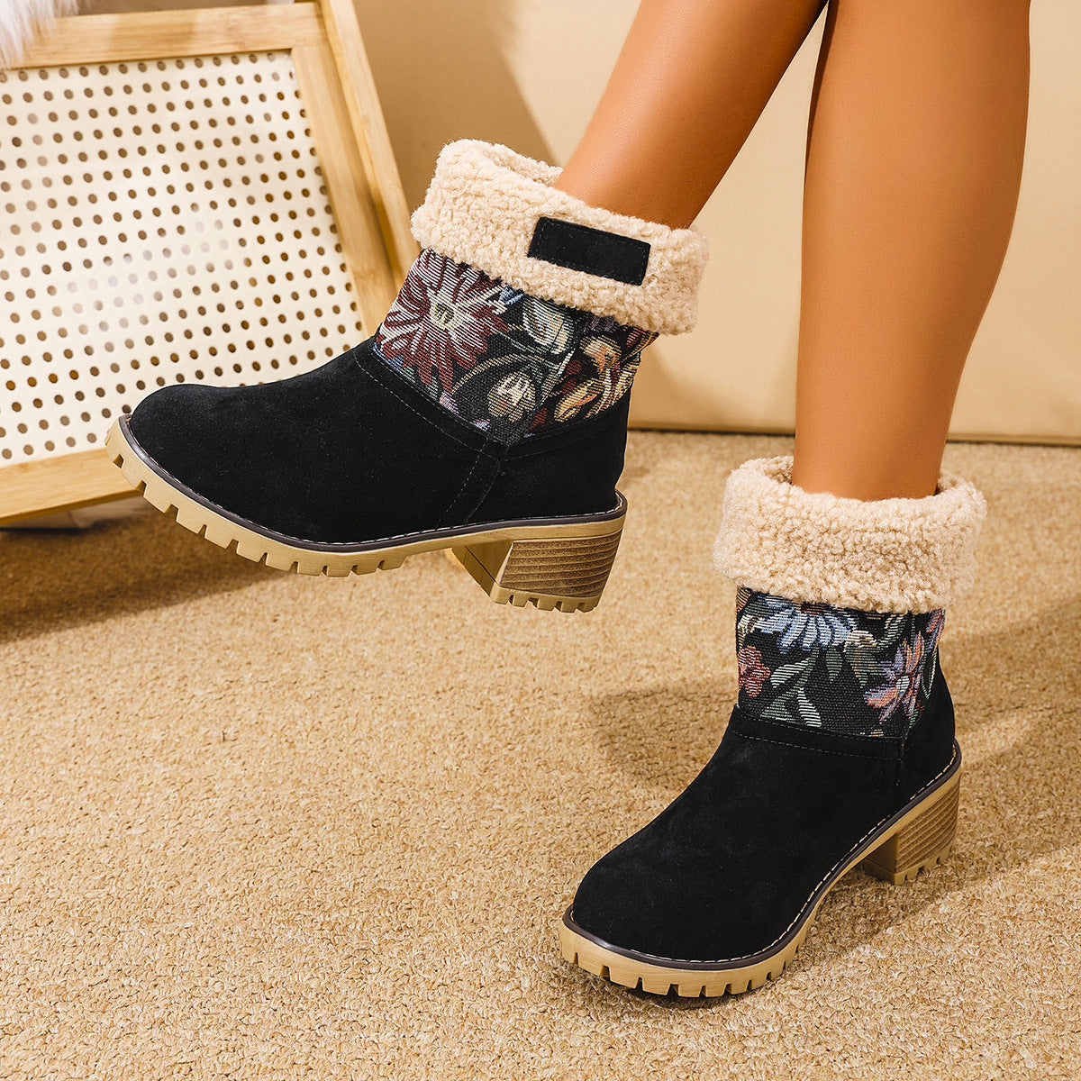 Embroidered Faux Fur Block Heel Boots-SHOES-[Adult]-[Female]-2022 Online Blue Zone Planet