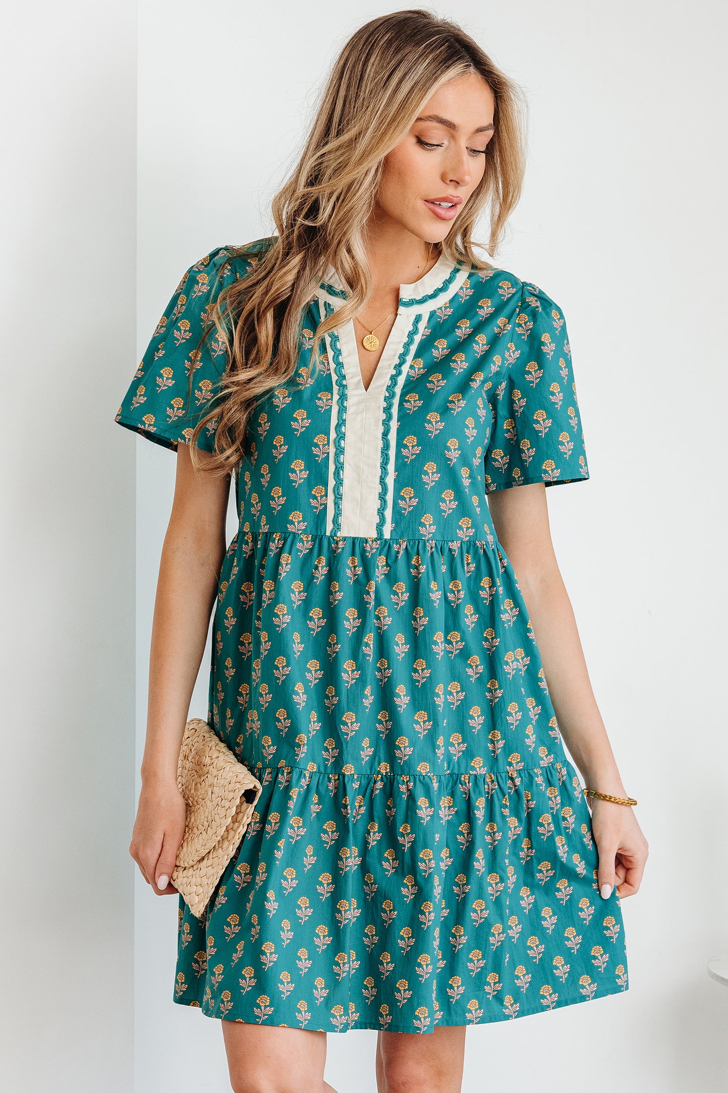 Green Contrast Trim V Neck Short Sleeve Floral Dress-TOPS / DRESSES-[Adult]-[Female]-2022 Online Blue Zone Planet