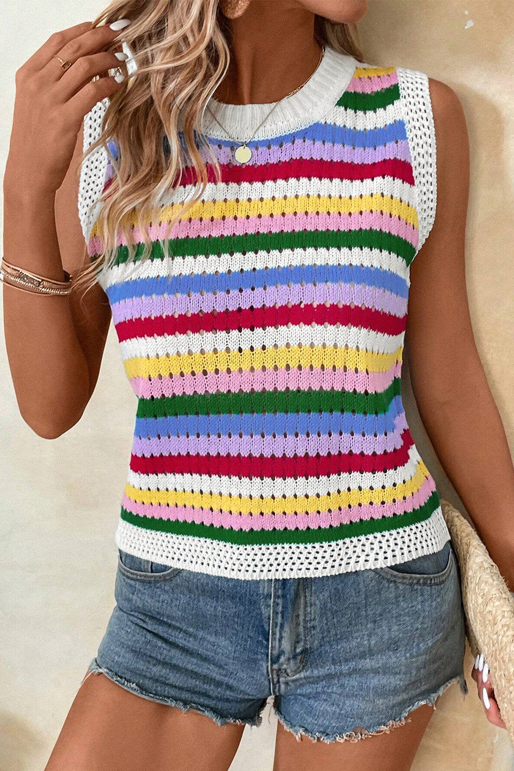 Multicolour Striped Knitted Eyelet Slim Sweater Vest-Sweaters & Cardigans/Sweater Vests-[Adult]-[Female]-Multicolour-S-2022 Online Blue Zone Planet