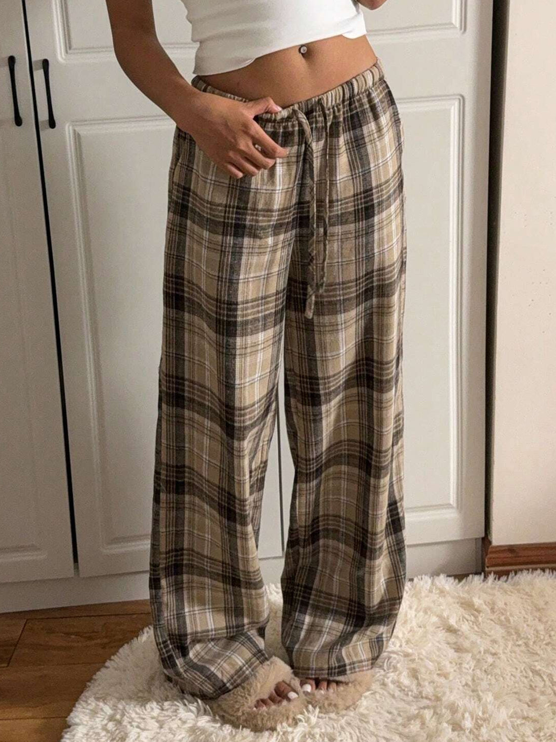 Drawstring Plaid Wide Leg Pants-BOTTOMS SIZES SMALL MEDIUM LARGE-[Adult]-[Female]-Tan-S-2022 Online Blue Zone Planet