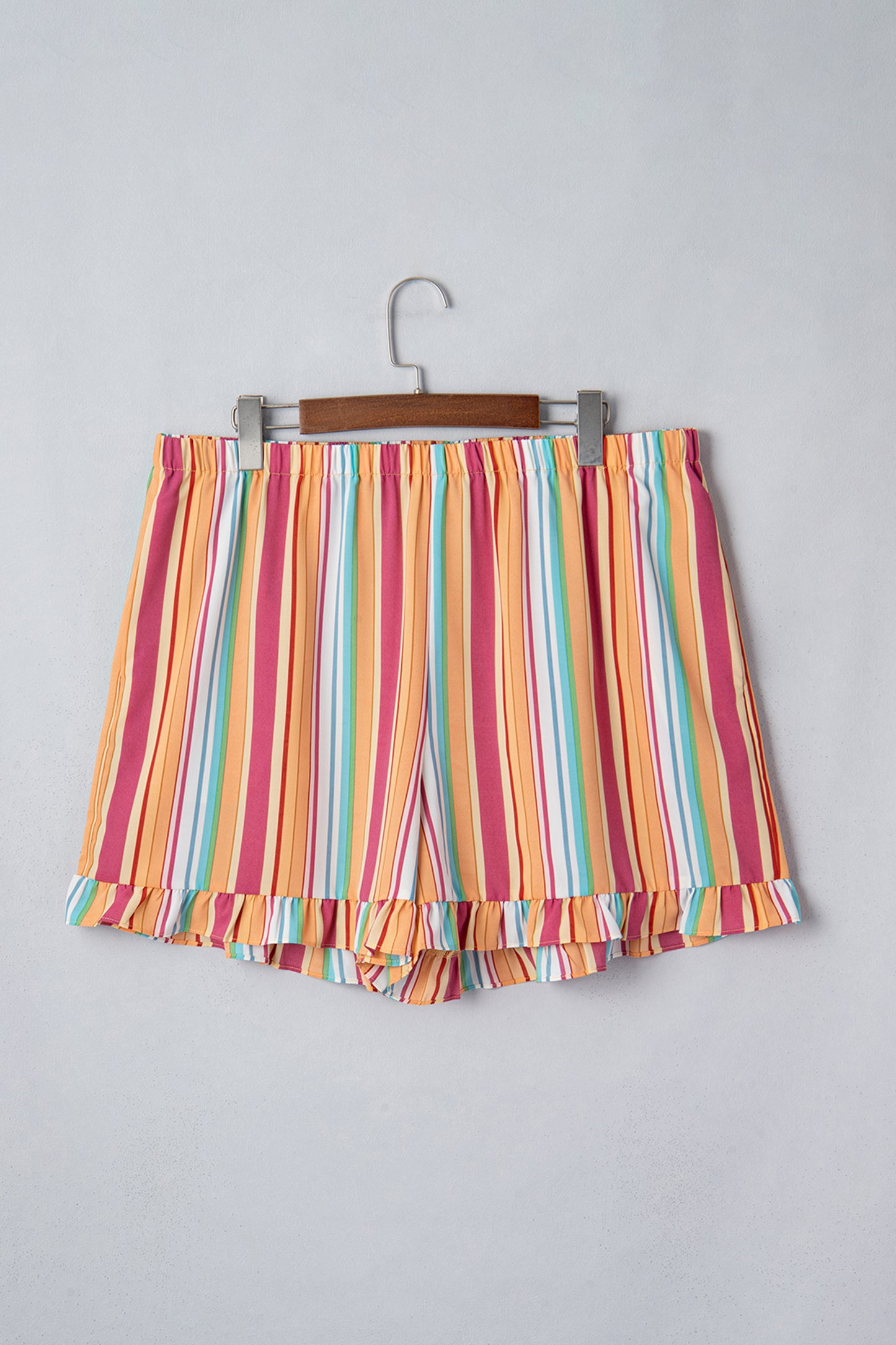 Orange Stripe Plus Size Elastic Waist Ruffle Hem Shorts-Plus Size/Plus Size Bottoms-[Adult]-[Female]-2022 Online Blue Zone Planet