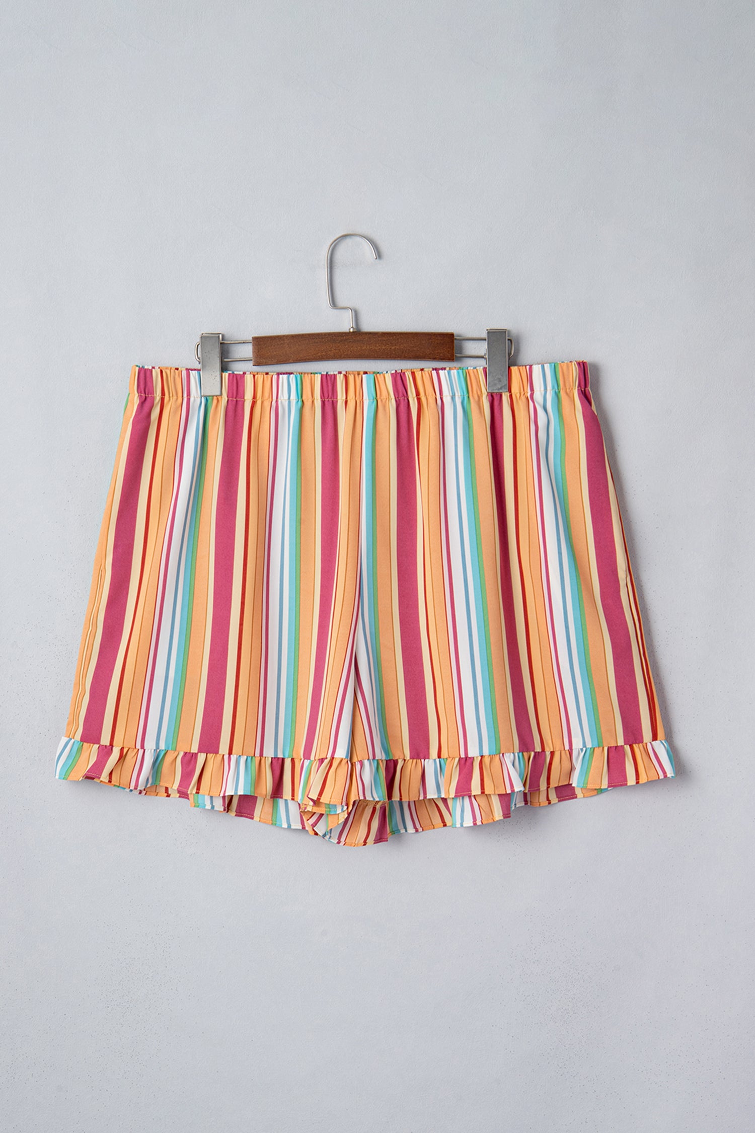Orange Stripe Plus Size Elastic Waist Ruffle Hem Shorts-Plus Size/Plus Size Bottoms-[Adult]-[Female]-2022 Online Blue Zone Planet
