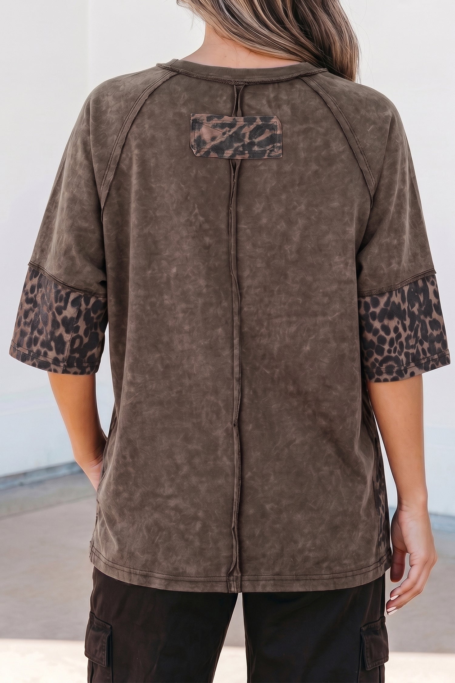 Coffee Mineral Wash Exposed Seam Leopard Star Patched T Shirt-Tops/Tops & Tees-[Adult]-[Female]-2022 Online Blue Zone Planet