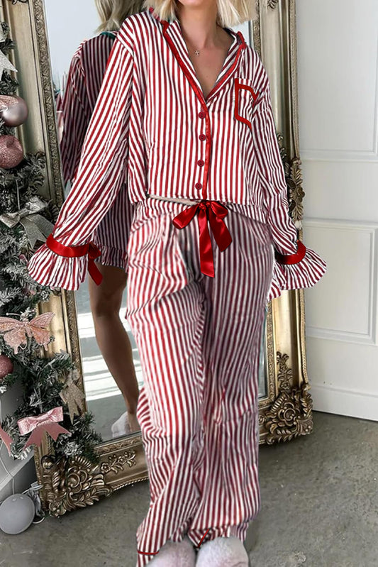 Red Stripe Contrast Velvet Trim Bow Knot Waist 2pcs Pajama Set-Loungewear & Sleepwear/Sleepwear-[Adult]-[Female]-Red Stripe-S-2022 Online Blue Zone Planet