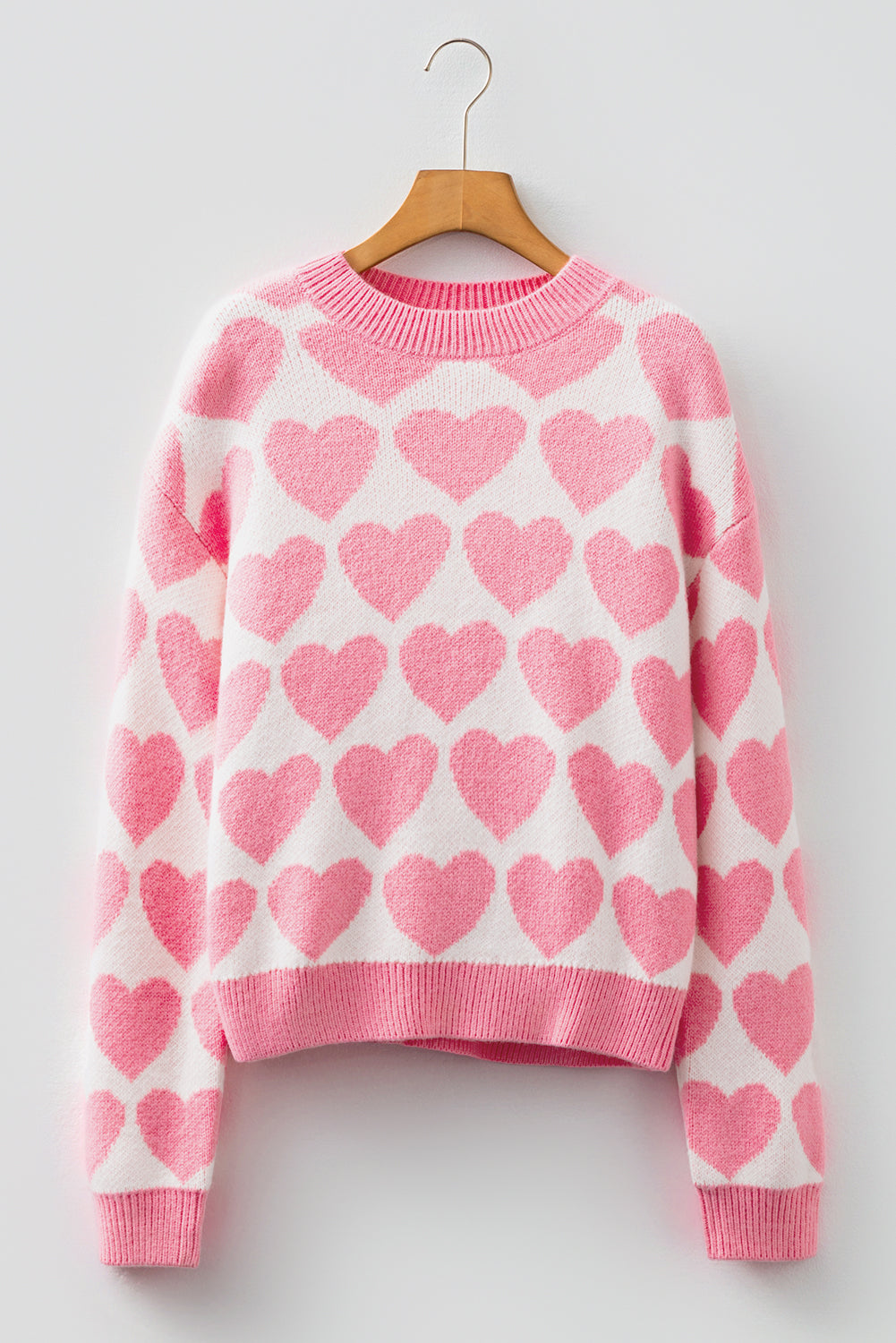Strawberry Pink Valentine Heart Print Knit Sweater-TOPS / DRESSES-[Adult]-[Female]-2022 Online Blue Zone Planet