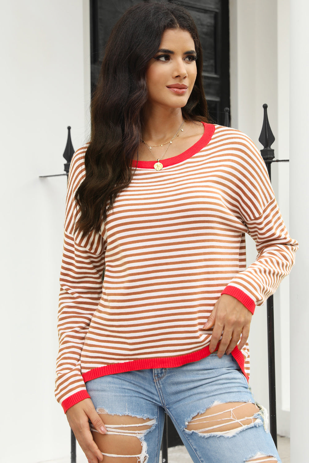 Fiery Red Contrast Trimmed Striped Drop Shoulder Sweater-Sweaters & Cardigans/Sweaters-[Adult]-[Female]-2022 Online Blue Zone Planet