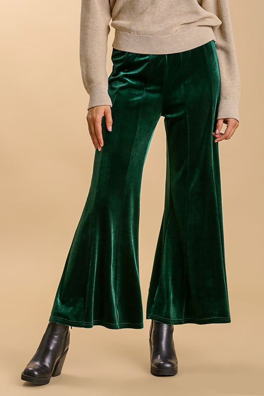 Umgee High Rise Elastic Waist Flare Pants-BOTTOMS SIZES SMALL MEDIUM LARGE-[Adult]-[Female]-Dark Green-S-2022 Online Blue Zone Planet