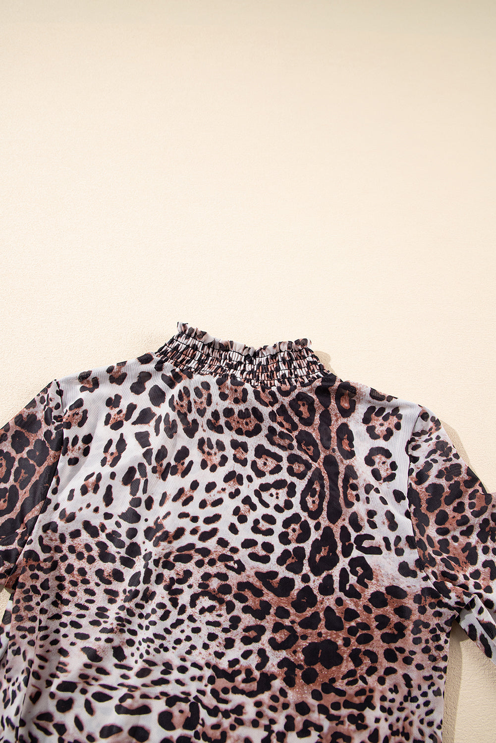 Brown Leopard Smocked Neck Mesh Long Sleeve Bodysuit-Tops/Bodysuits-[Adult]-[Female]-2022 Online Blue Zone Planet