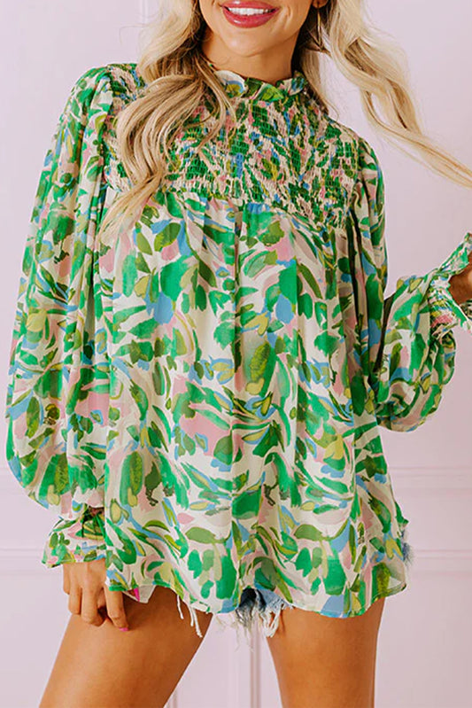 Blue Zone Planet | Green Leafy Printed Flounce Sleeve Shirred Mock Neck Blouse-Tops/Blouses & Shirts-[Adult]-[Female]-Green-S-2022 Online Blue Zone Planet