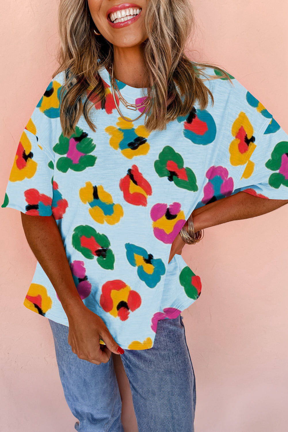 Green Leopard Drop Shoulder Oversize Tee-Tops/Tops & Tees-[Adult]-[Female]-Sky Blue-S-2022 Online Blue Zone Planet