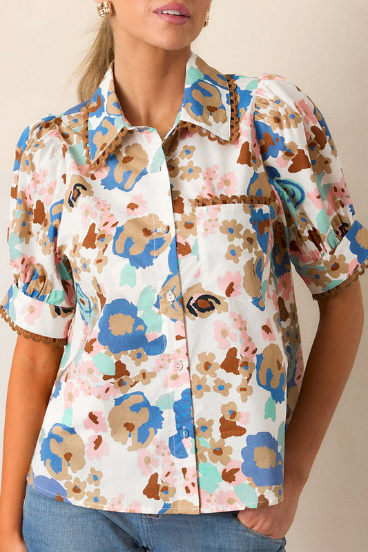 Multicolour Floral Print Ricrac Trim Collared Puff Short Sleeve Shirt-Tops/Blouses & Shirts-[Adult]-[Female]-Multicolour-S-2022 Online Blue Zone Planet