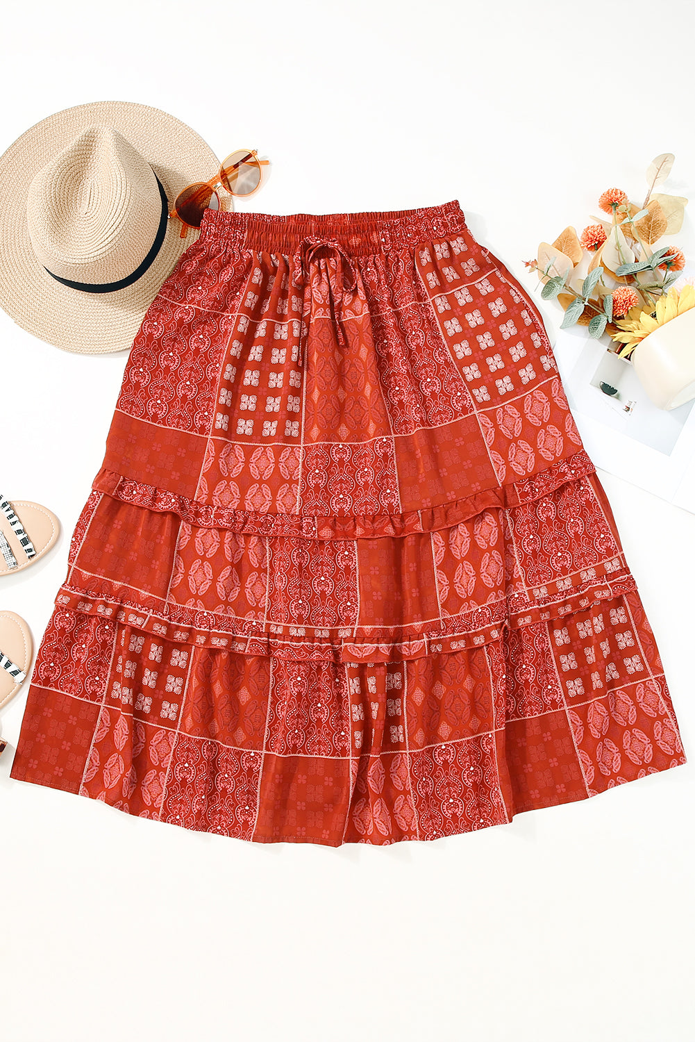 Blue Zone Planet | Fiery Red Bohemian Mix Print Long Flared Skirt-Bottoms/Skirts & Petticoat-[Adult]-[Female]-2022 Online Blue Zone Planet