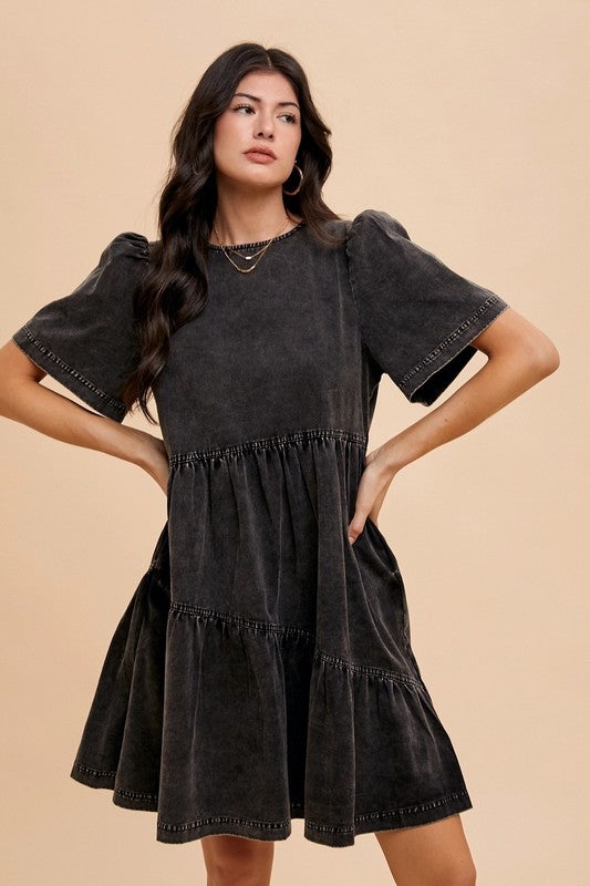 Annie Wear Mineral Washed Round Neck Short Sleeve Denim Dress-TOPS / DRESSES-[Adult]-[Female]-2022 Online Blue Zone Planet